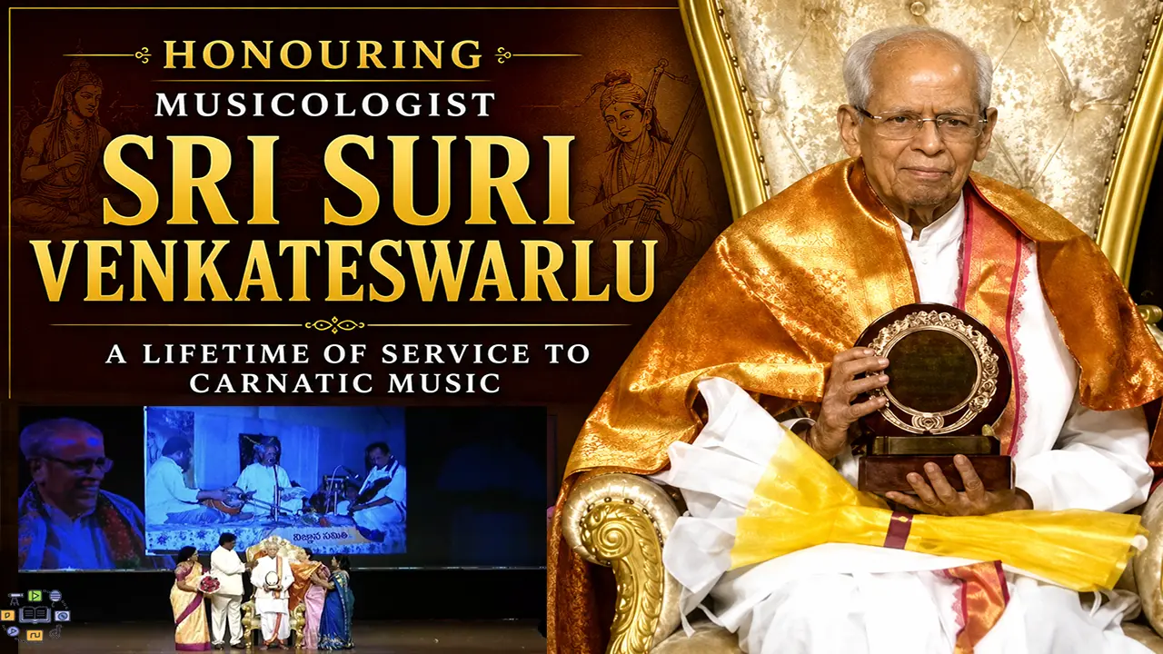 Honouring Musicologist Sri Suri Venkateswarlu — A Lifetime of Service to Carnatic Music. Sri Suri Venkateswarlu, seated in ceremonial dress, holds a memento presented at his felicitation.